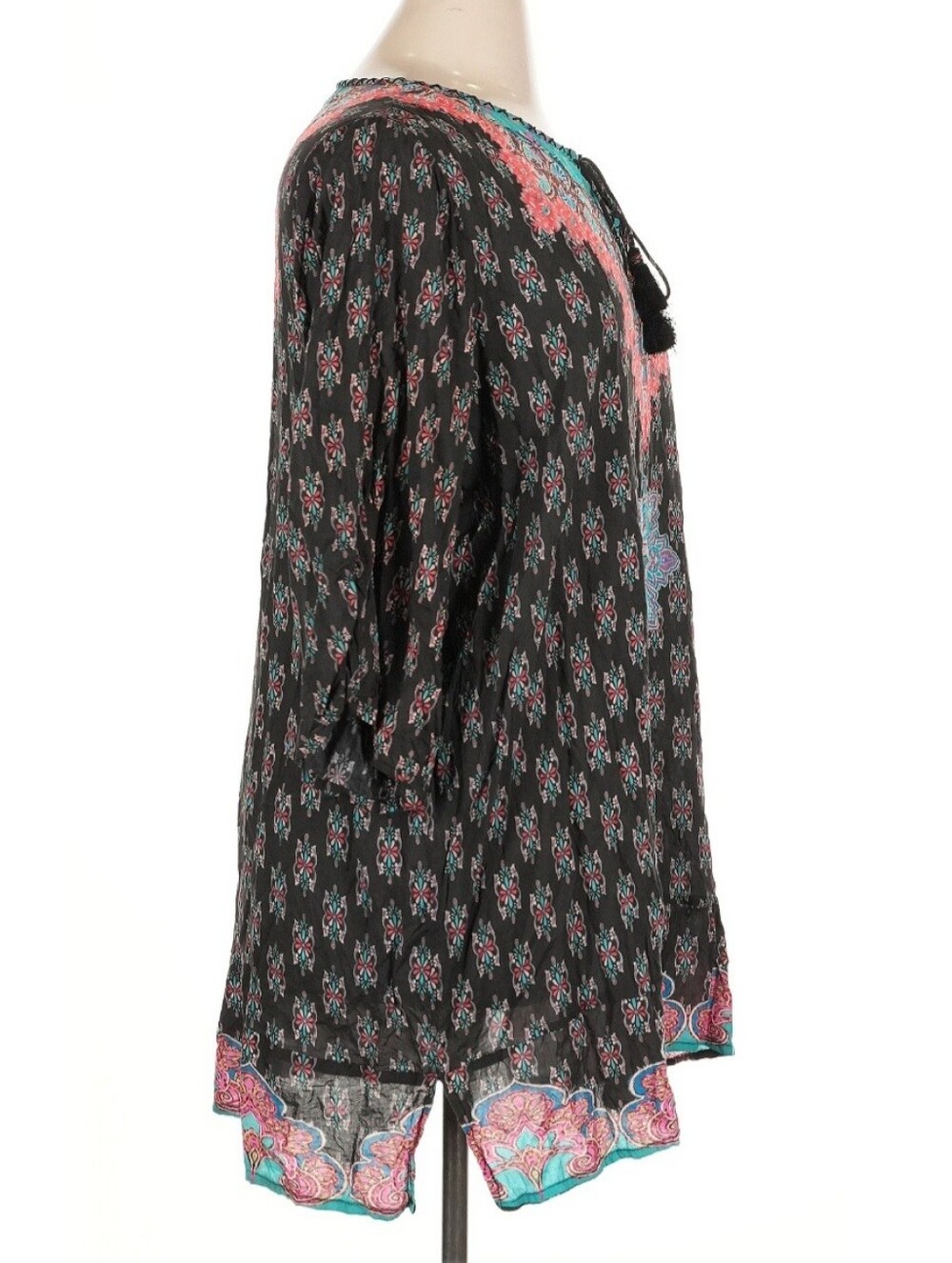 Tolani Black Boho Tunic with Coral and Teal Accents | Size XL - Picture 2 of 4